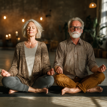 Възрастна жена практикува йога