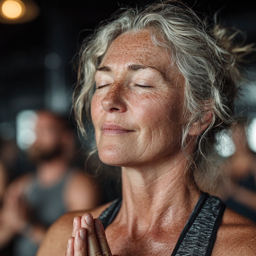 Възрастна жена практикува йога